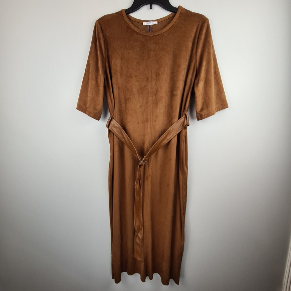 Zara Basic Womens Faux Suede Belted Midi Dress‎ Brown Short Sleeve Large Neutral